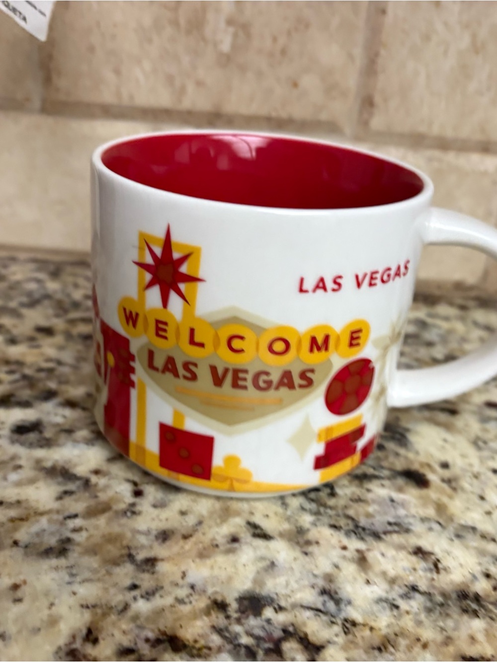 Starbucks Las Vegas Souvenir Mug in White and Red with Yellow Accents